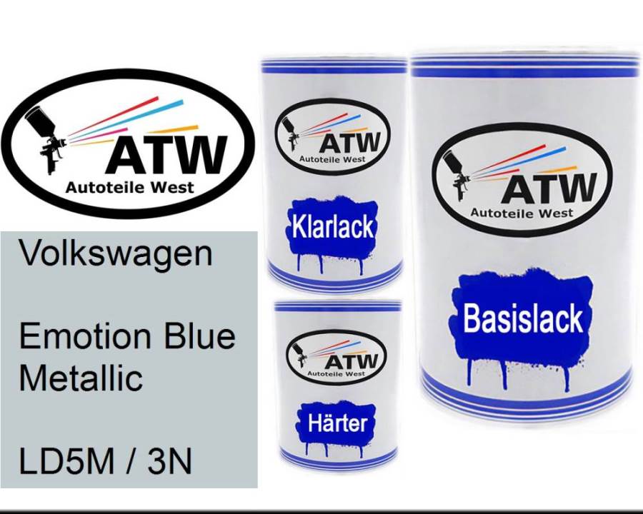 Volkswagen, Emotion Blue Metallic, LD5M / 3N: 500ml Lackdose + 500ml Klarlack + 250ml Härter - Set, von ATW Autoteile West.